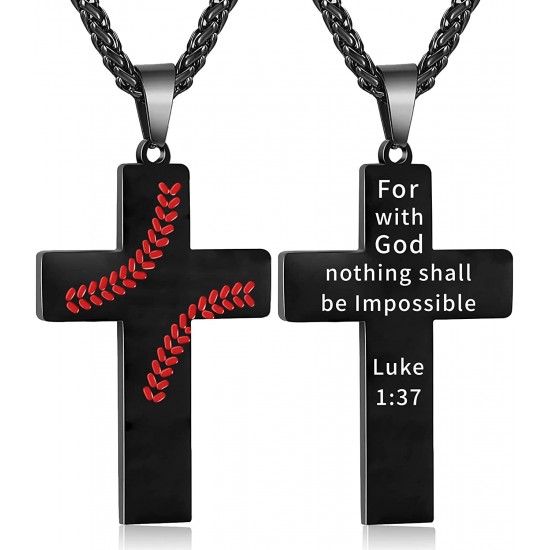 Baseball Cross Necklace for Boys Men, Stainless Steel Cross Pendant Chain 24 Inches, Inspirational Bible Verse Quote Religious Gift