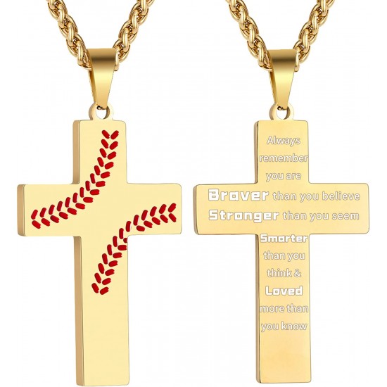 Baseball Cross Necklace for Boys Men, Stainless Steel Cross Pendant Chain 24 Inches, Inspirational Bible Verse Quote Religious Gift