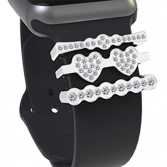 Callancity 3Pcs/Sets Metal Decorative Rings Loops Rhinestone Sparkling Diamond Rubber Strap Charms Compatible For Watch Sport Band Series 5/4/3/2/1 38mm 40mm 42mm 44mm (Platinum) Callancity 3Pcs/Sets Metal Decorative Rings Loops Rhinestone Sparkling Diamond Rubber Strap Charms Compatible For Watch Sport Band Series 5/4/3/2/1 38mm 40mm 42mm 44mm (Platinum)