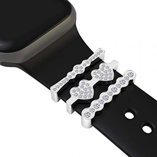 Callancity 3Pcs/Sets Metal Decorative Rings Loops Rhinestone Sparkling Diamond Rubber Strap Charms Compatible For Watch Sport Band Series 5/4/3/2/1 38mm 40mm 42mm 44mm (Platinum)