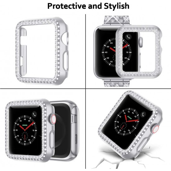 Bling Band Compatible with Case for Apple Watch Ultra Series 3 4 5 6 7 8 SE iWatch 38 40 42 41 44 45 49mm, Metal Jewelry Rhinestone Diamond Bracelet Strap Replacement for Women