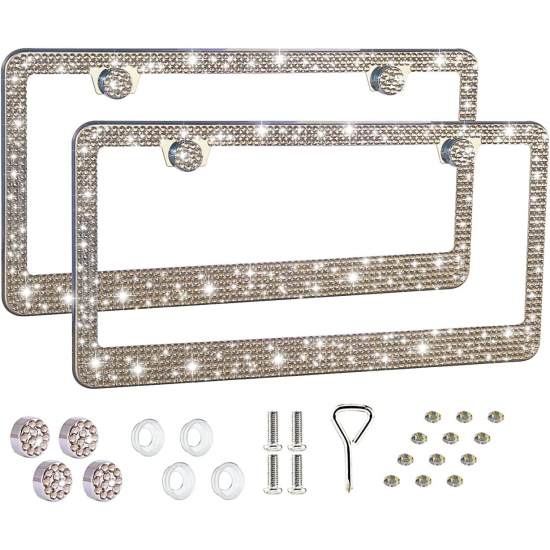 Bling License Plate Frame for Women,2 Pack Premium Stainless Steel Rhinestone License Plate Holder,Handmade Glitter Crystal Diamond Lincense Plate Cover for Girl Bling License Plate Frame for Women,2 Pack Premium Stainless Steel Rhinestone License Plate Holder,Handmade Glitter Crystal Diamond Lincense Plate Cover for Girl