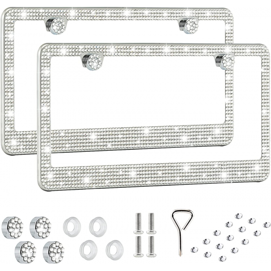 Bling License Plate Frame for Women,2 Pack Premium Stainless Steel Rhinestone License Plate Holder,Handmade Glitter Crystal Diamond Lincense Plate Cover for Girl Bling License Plate Frame for Women,2 Pack Premium Stainless Steel Rhinestone License Plate Holder,Handmade Glitter Crystal Diamond Lincense Plate Cover for Girl
