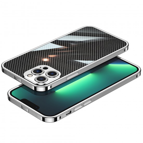 Fashionable Carbon Fiber Back Film Sticker Stainless Steel Bezel Camera Protector Phone Case for iPhone 13 Series/12 Series/11 Series