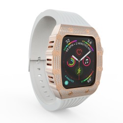 Luxury 24kt Gold Plated Stainless Steel Watch Case With Rubber Band for Apple Watch Series 7 With Diamonds for iWatch 45mm Luxury 24kt Gold Plated Stainless Steel Watch Case With Rubber Band for Apple Watch Series 7 With Diamonds for iWatch 45mm
