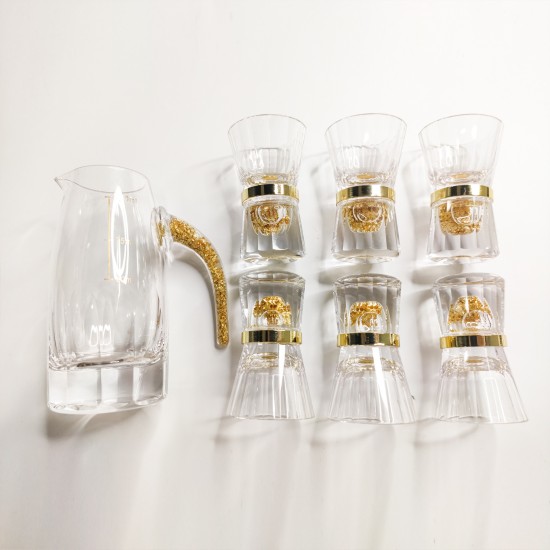 High Quality Teapot Luxury 24kt Gold Foil Crystal Glass Tea Cup Vodka Shot Wine Glass 7-piece Set