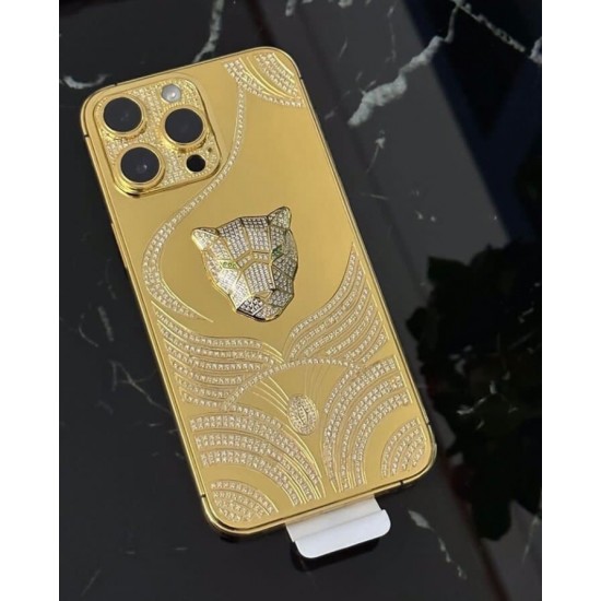 24 Carat Gold Plated Replacement Housing With Zirconic Diamond,3D Design Battery Cover for iPhone 14 Pro Max /Pro - Abstraction Edition